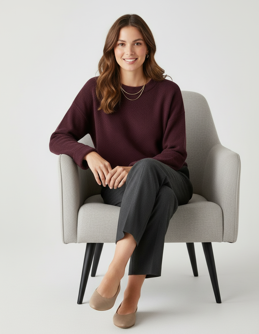 Damenpullover Langarm - Weicher Strick, Burgunderrot