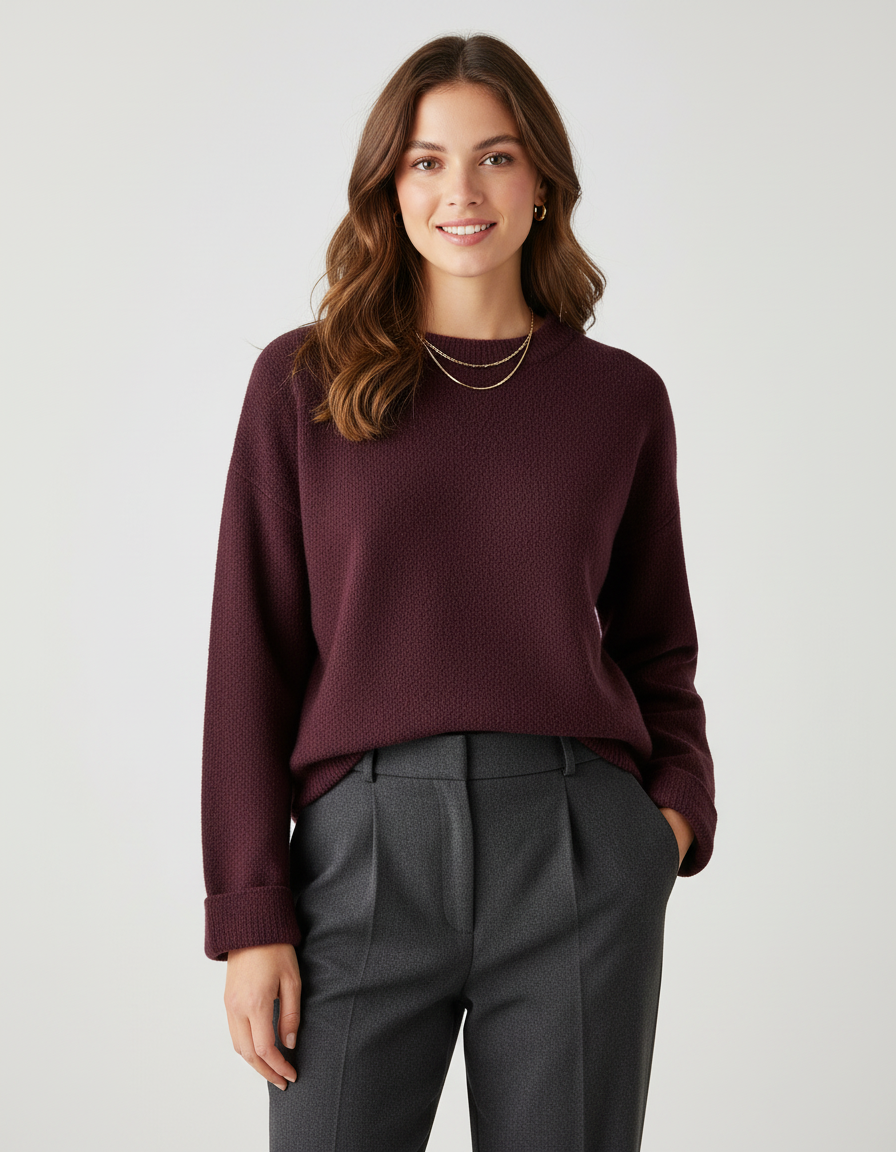 Damenpullover Langarm - Weicher Strick, Burgunderrot