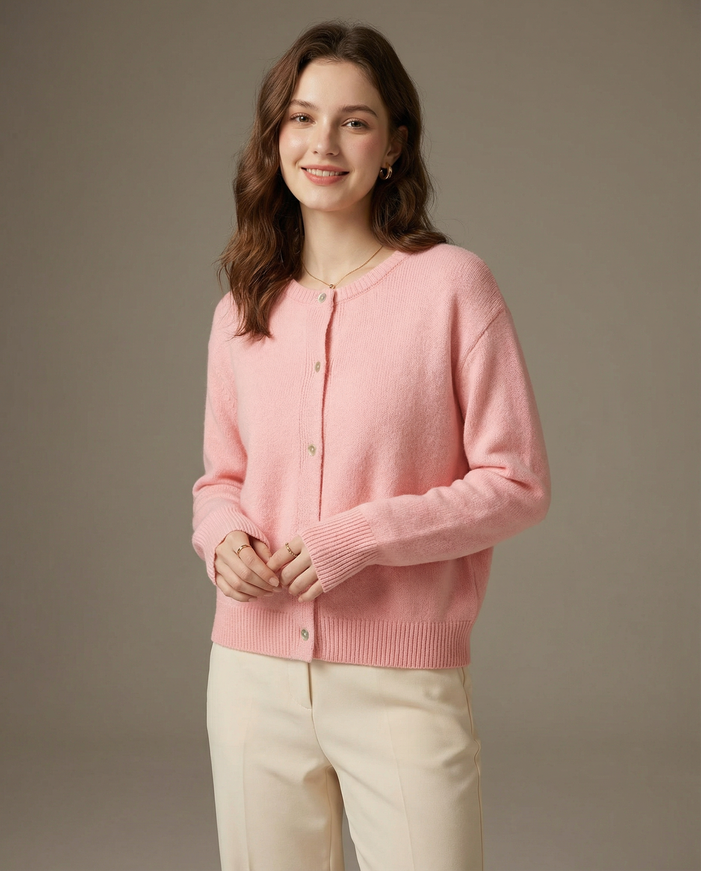 Damen Strickjacke - 100% Wolle, Eleganter O-Ausschnitt